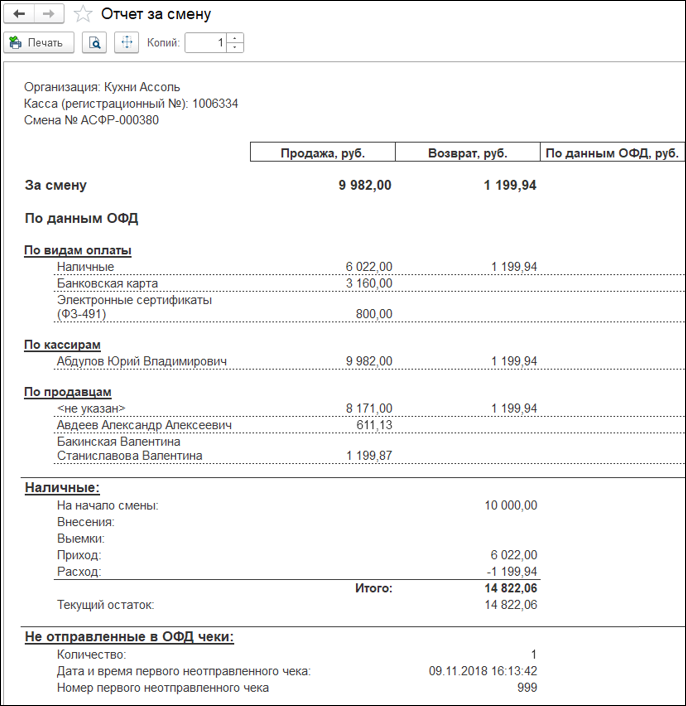 Новое в 1С:УНФ: отчет за смену